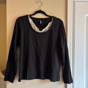 Black Long-Sleeve Lace-Trim Women's Top